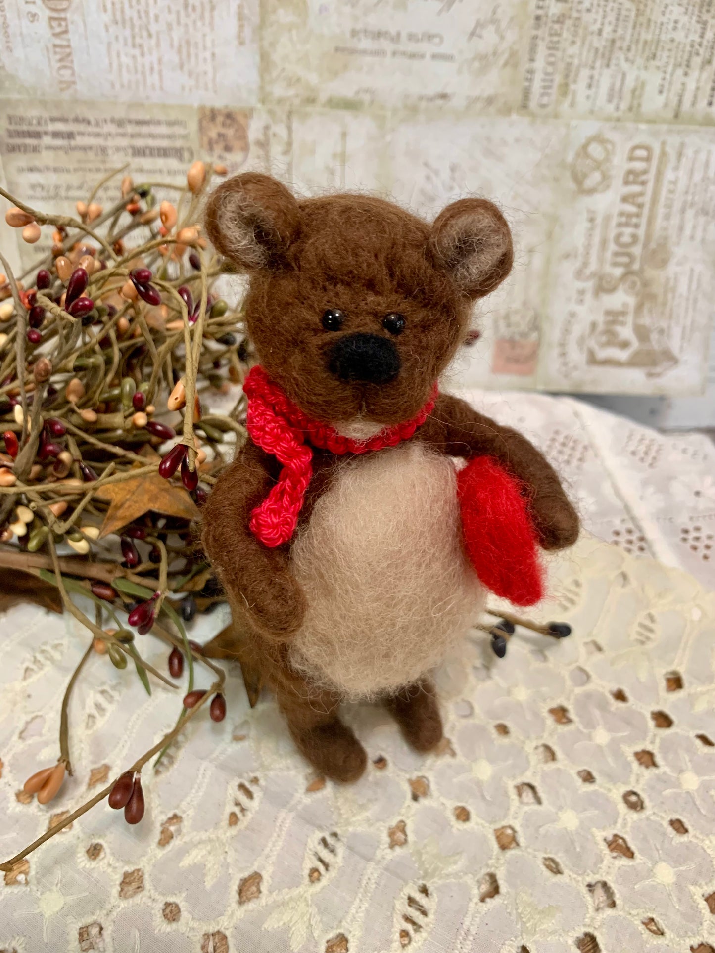 Needle Felted Bear: Handmade Wool Teddy with Heart Scarf