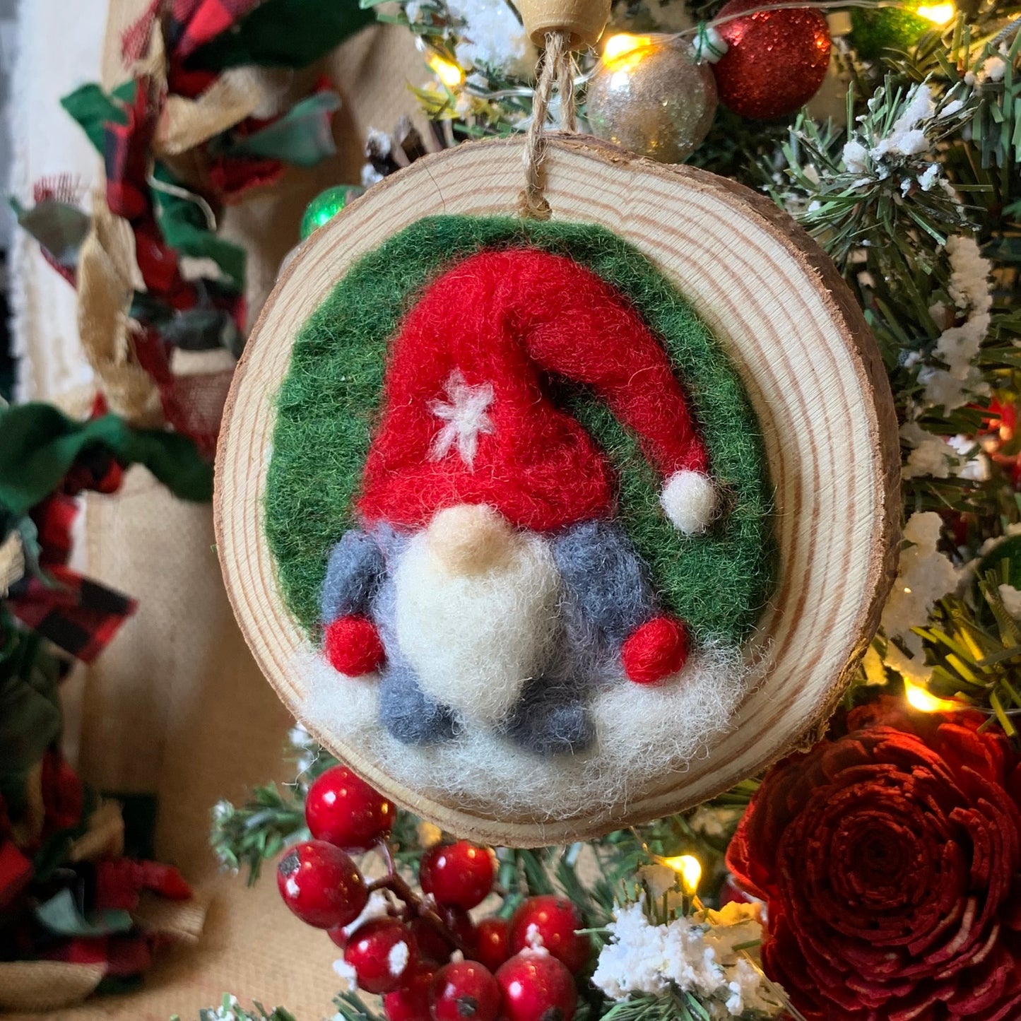 Handmade Christmas Gnome Wool Ornament, Felt Holiday Decor– Nordic Tomte – Rustic Wood Slice Holiday Gift