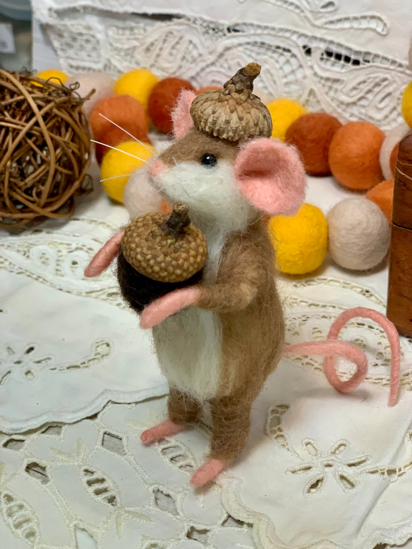 Needle-Felted Pip the Mouse with Acorn – Handmade Natural Fiber Art Doll | Whimsical Woodland Decor Collectible Dressed Figurine