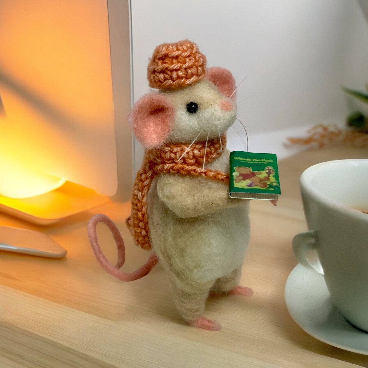 Needle-Felted Mouse with Book – Handmade Natural Fiber Art Doll | Whimsical Woodland Decor Collectible Dressed Figurine