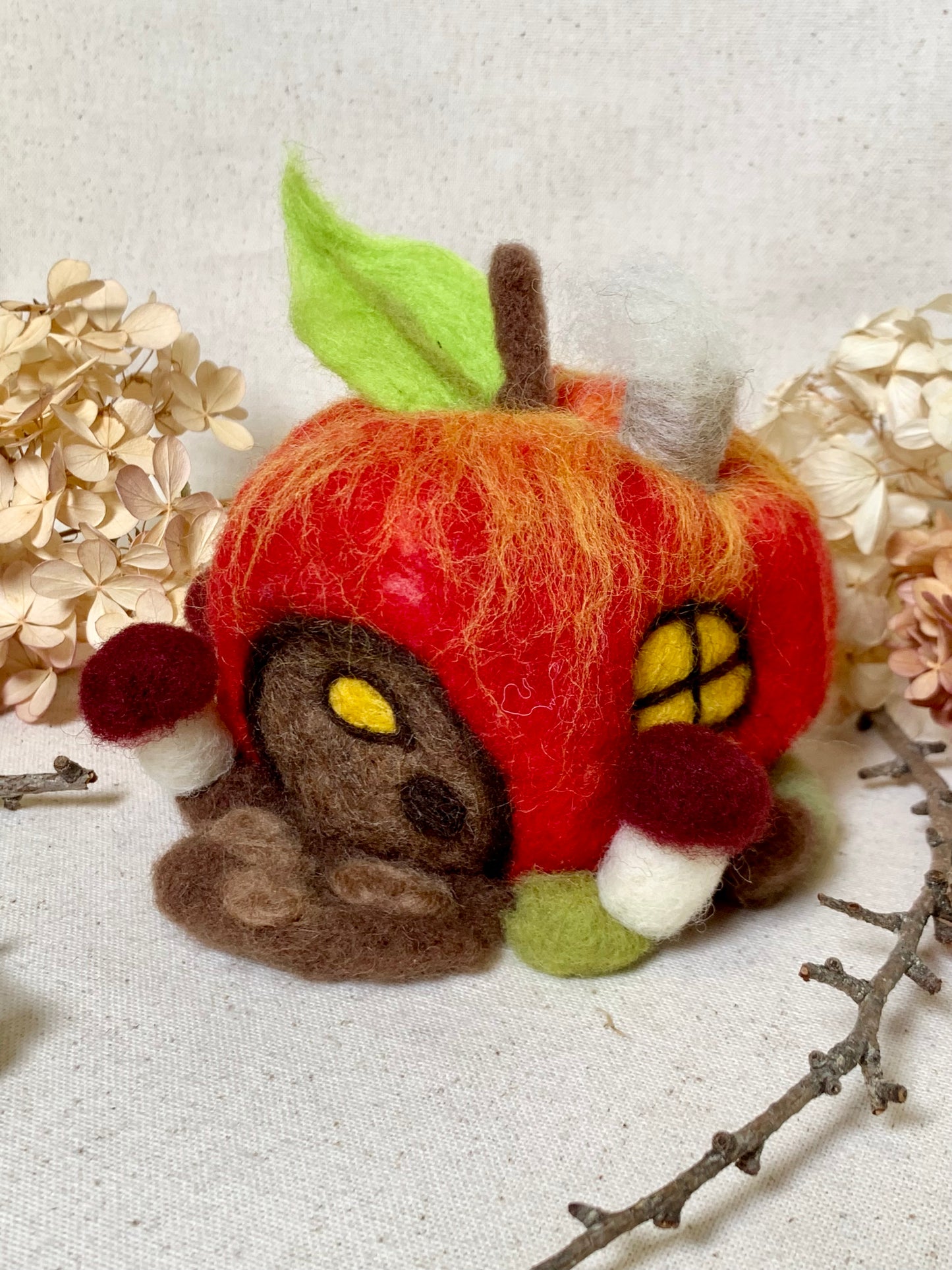 Needle Felt Apple Mouse House - Forest Decor – Handmade Woodland Waldorf Inspired Soft Sculpture