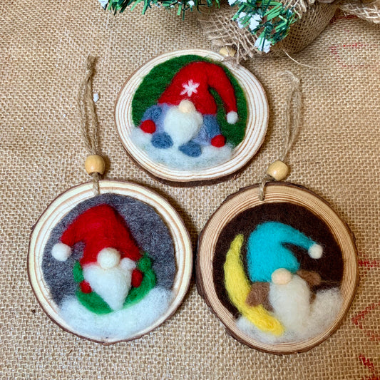 Handmade Christmas Gnome Wool Ornament, Felt Holiday Decor– Nordic Tomte – Rustic Wood Slice Holiday Gift