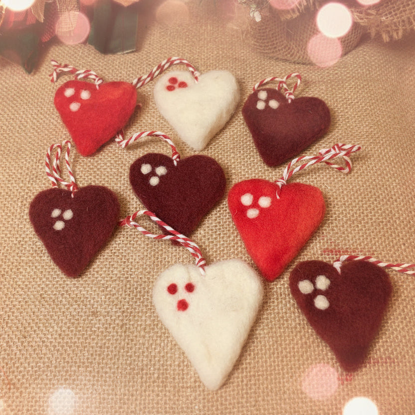 needle felted heart ornaments