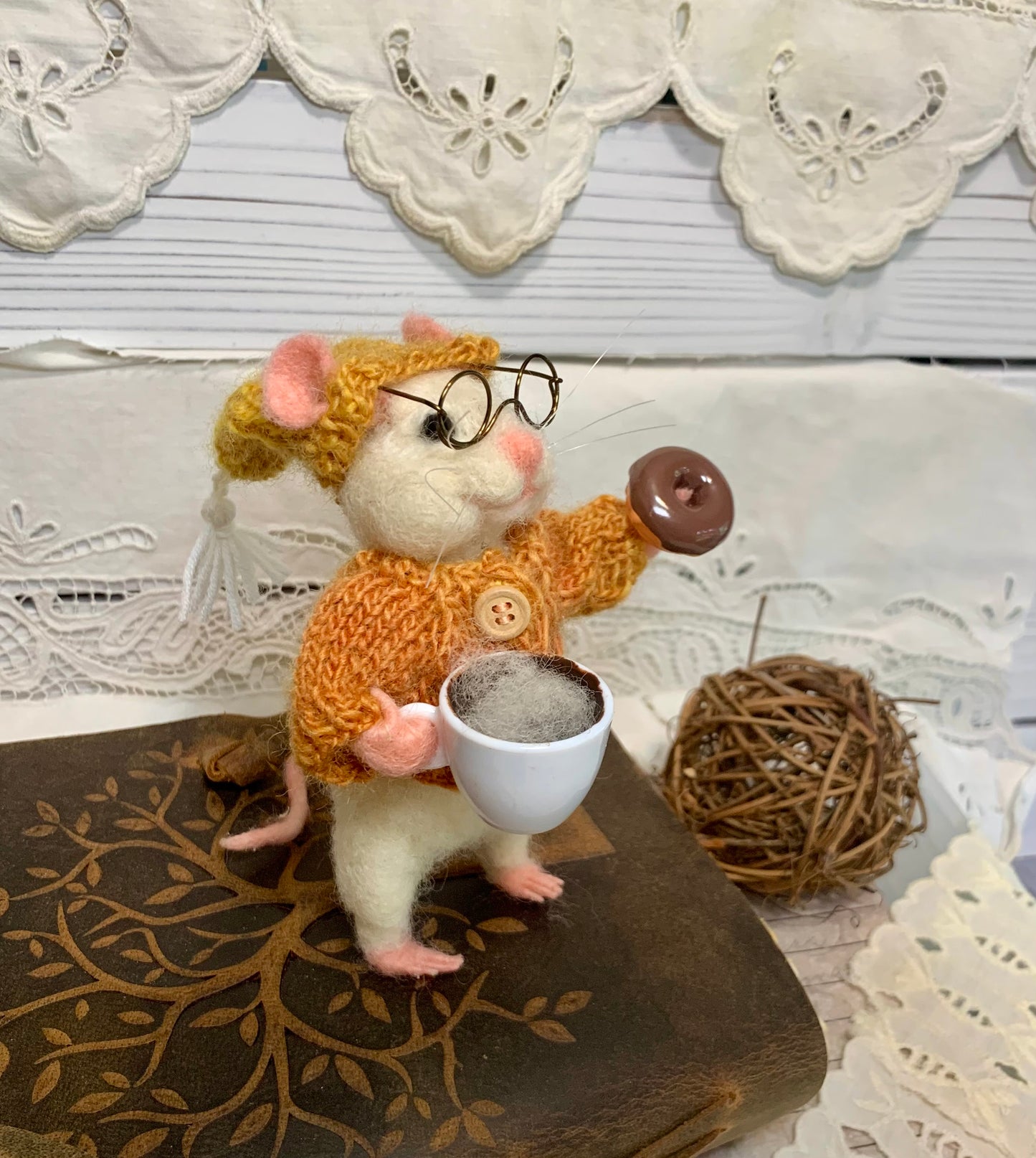 Maximilian Nibbleton the Coffee Mouse – OOAK Needle Felted White Mouse | Handmade Art Doll