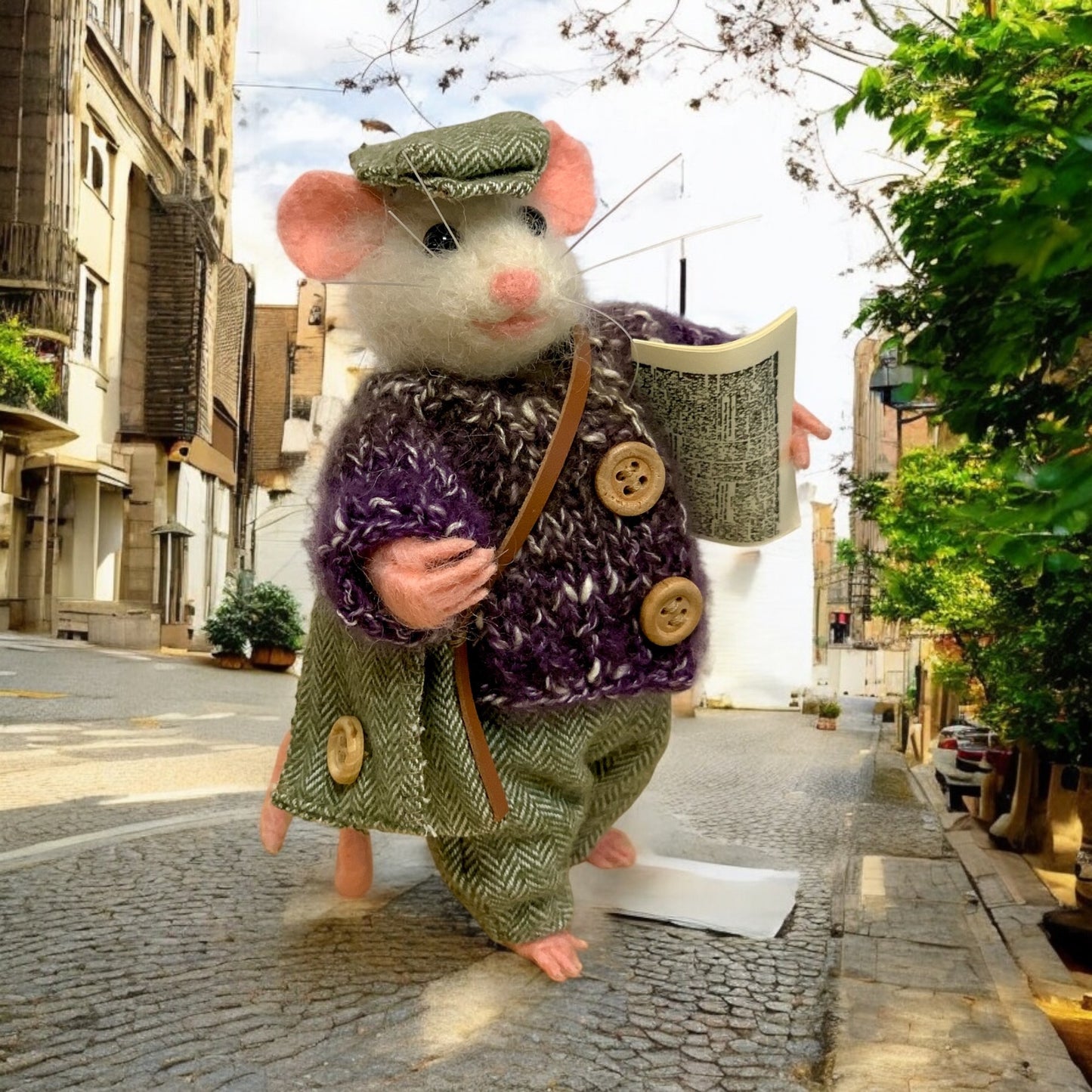 Needle-Felted Randy the Mouse – Handmade Natural Fiber Art Doll | Whimsical Collectible with Newspaper