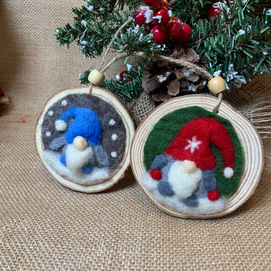 Handmade Christmas Gnome Wool Ornament, Felt Holiday Decor– Nordic Tomte – Rustic Wood Slice Holiday Gift