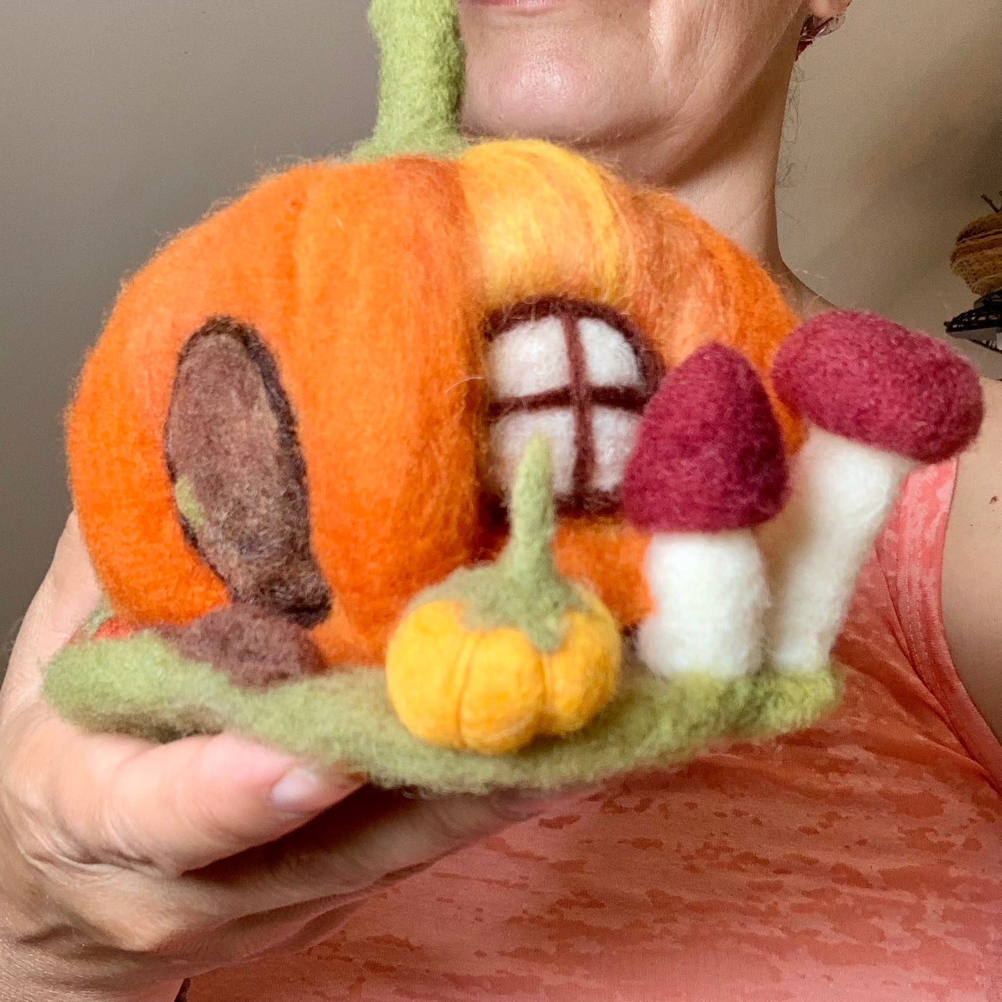 Needle Felt Pumpkin Fairy House - Forest Decor – Handmade Woodland Waldorf Inspired Soft Sculpture