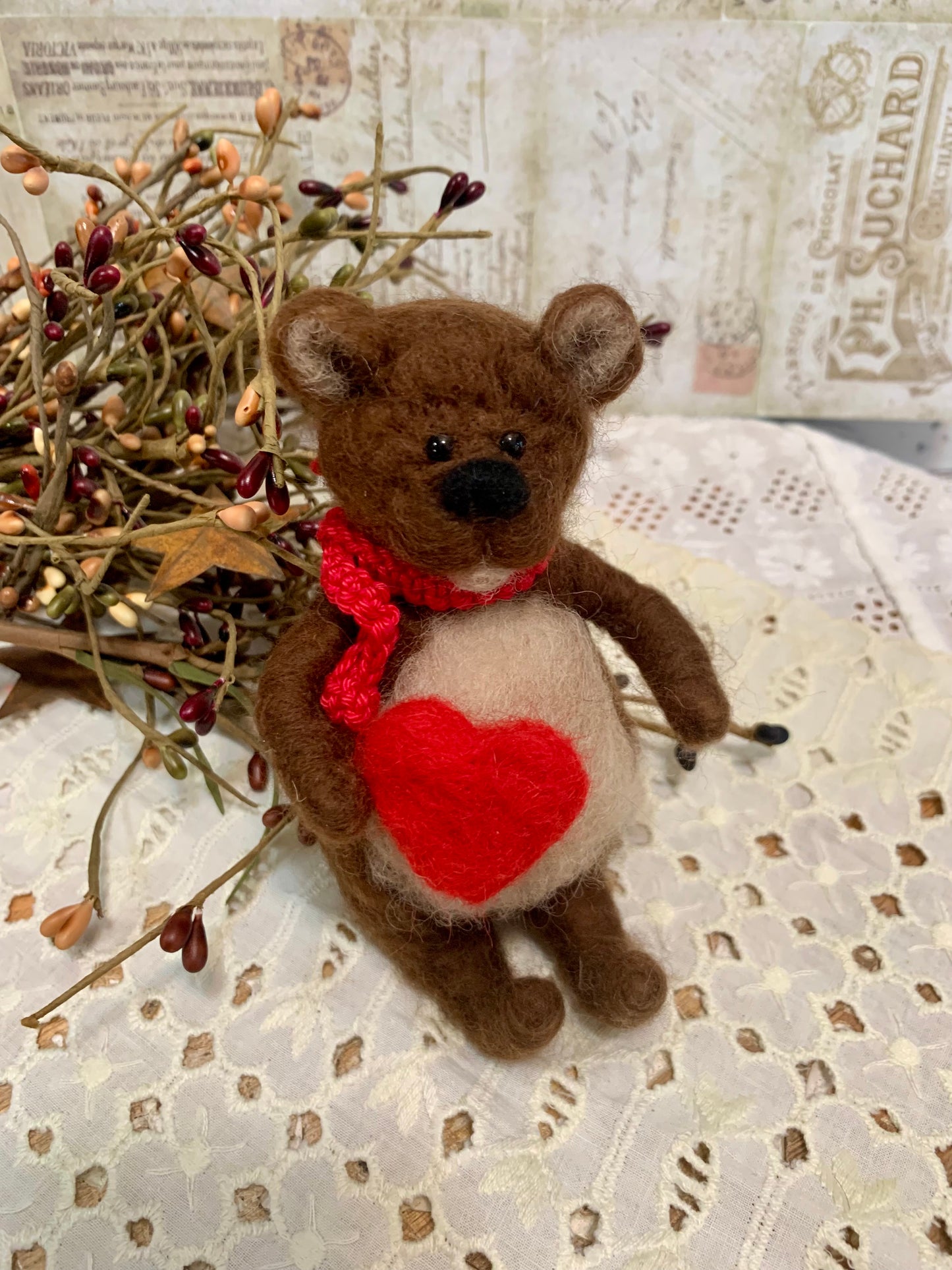 Needle Felted Bear: Handmade Wool Teddy with Heart Scarf