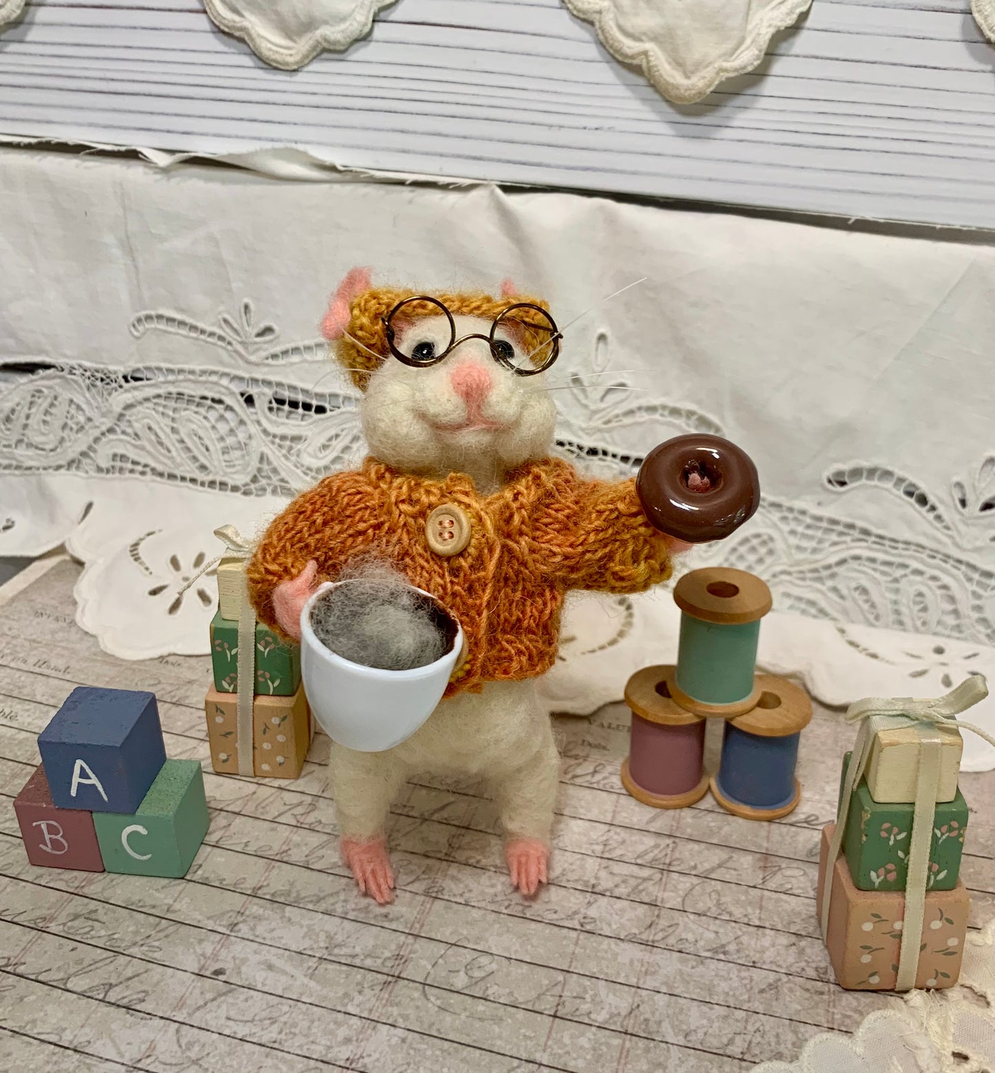 Maximilian Nibbleton the Coffee Mouse – OOAK Needle Felted White Mouse | Handmade Art Doll