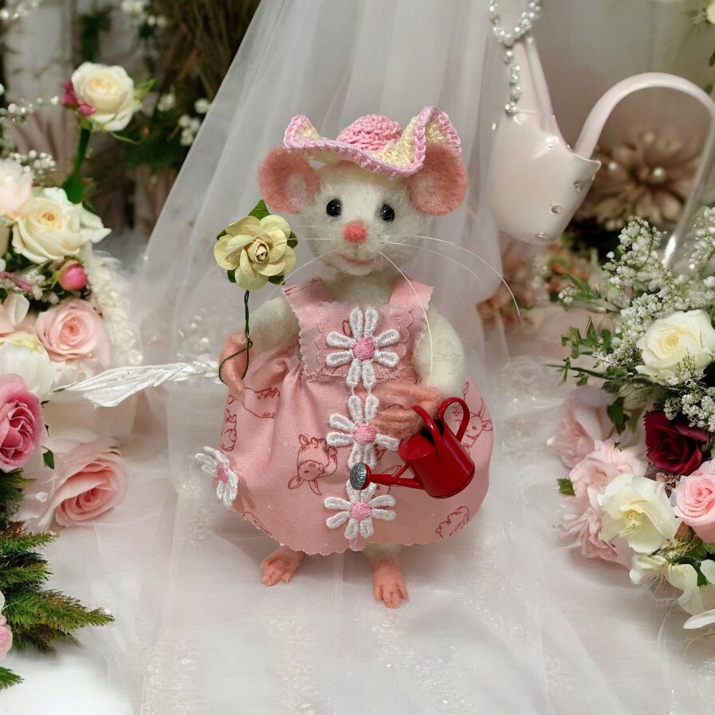 Spring Mouse  – Handmade Needle-Felted Collectible Art Doll