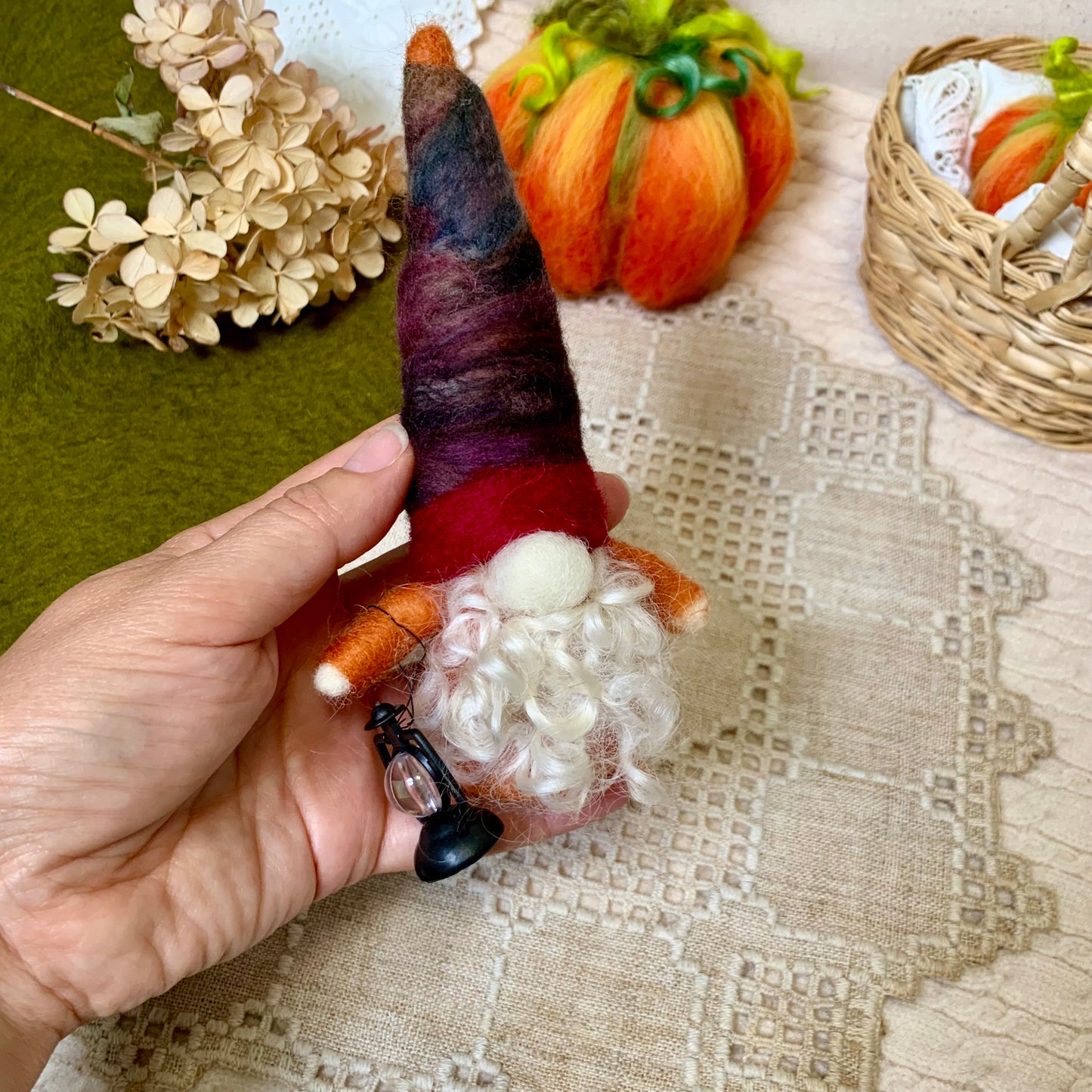 Needle Felt Gnome – Autumn Nordic Fall Decor – Large Wool Gonk – Handmade Woodland Gnome Waldorf Inspired Sculpture