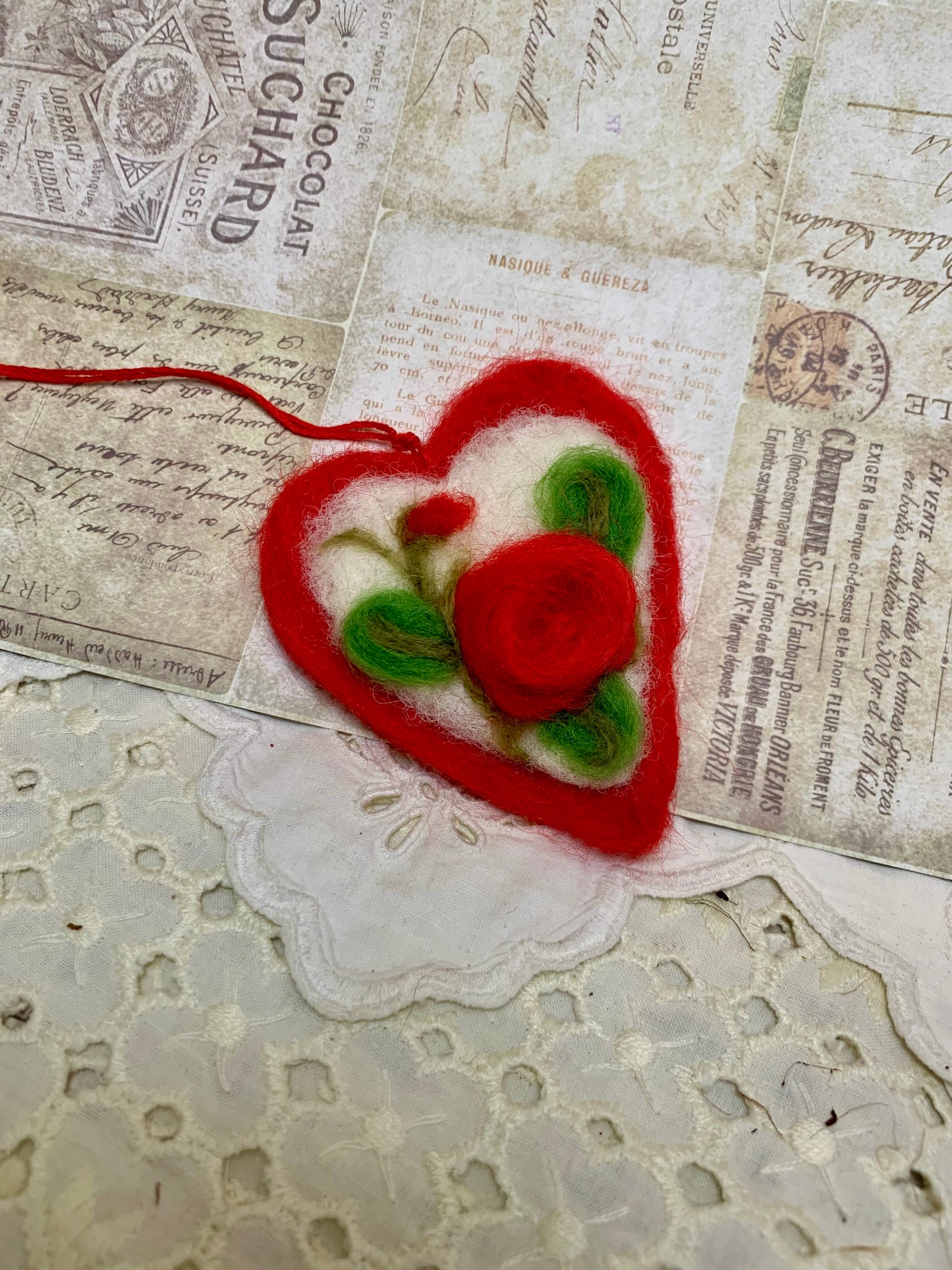 Needle-Felted Heart with Embroidered Red Rose Flower– Handmade Wool Valentine Decor