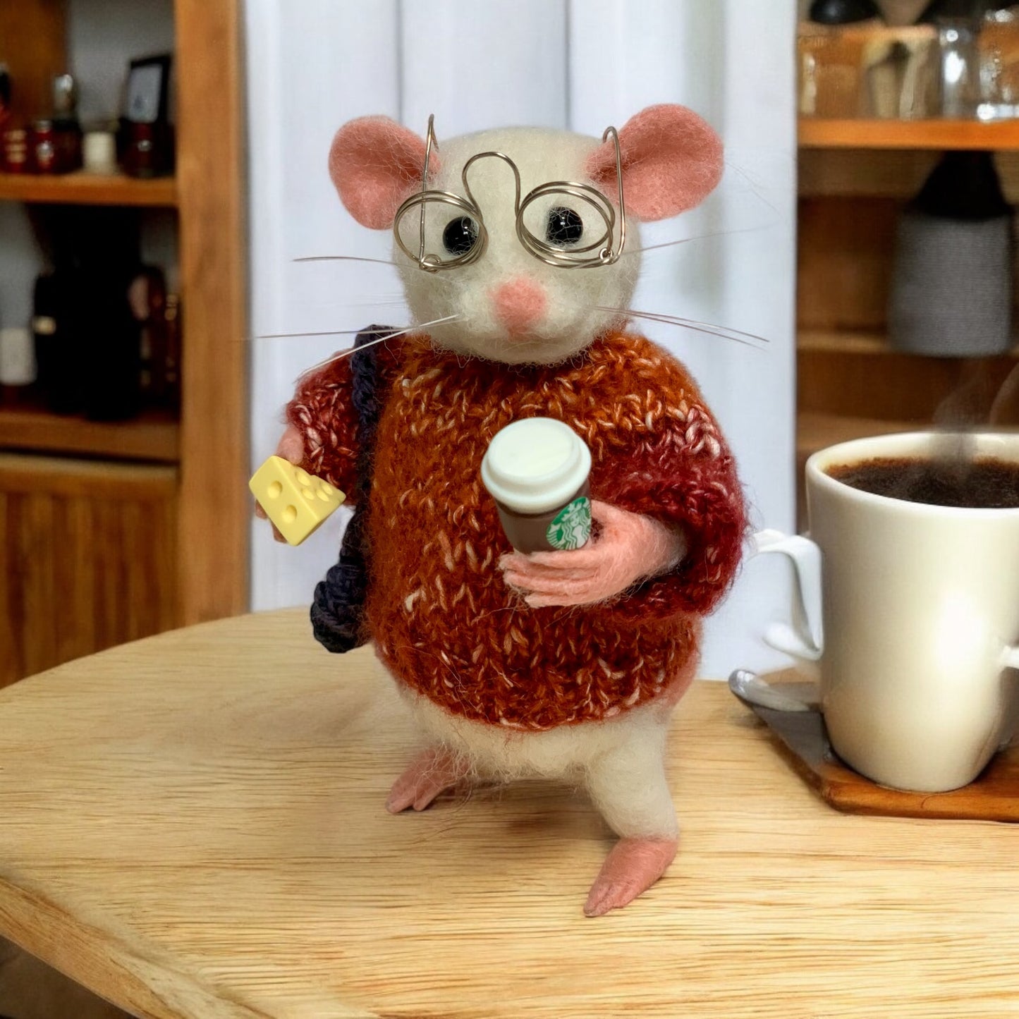 Pumpkin Needle-Felted Mouse – Handmade Autumn Decor, Cute Coffee Lover Mouse, Fall Gift, Wool Figurine for Mouse Collectors Stuffed Animal