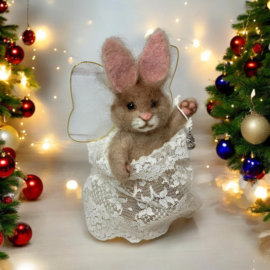 Needle-Felted Bunny the Christmas Rabbit– Handmade Natural Fiber Angel Doll | Holiday Art Collectible