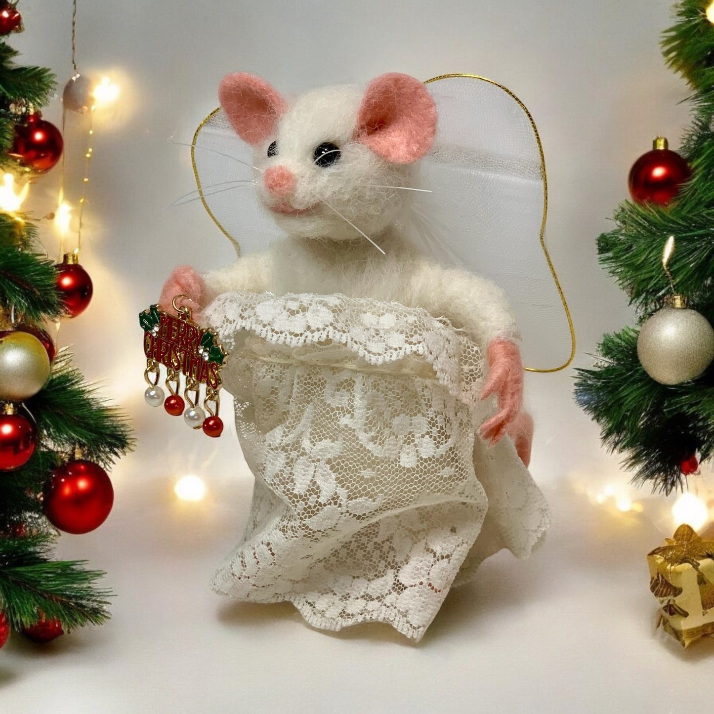 Needle-Felted Angelina the Christmas Mouse – Handmade Natural Fiber Angel Doll | Holiday Art Collectible