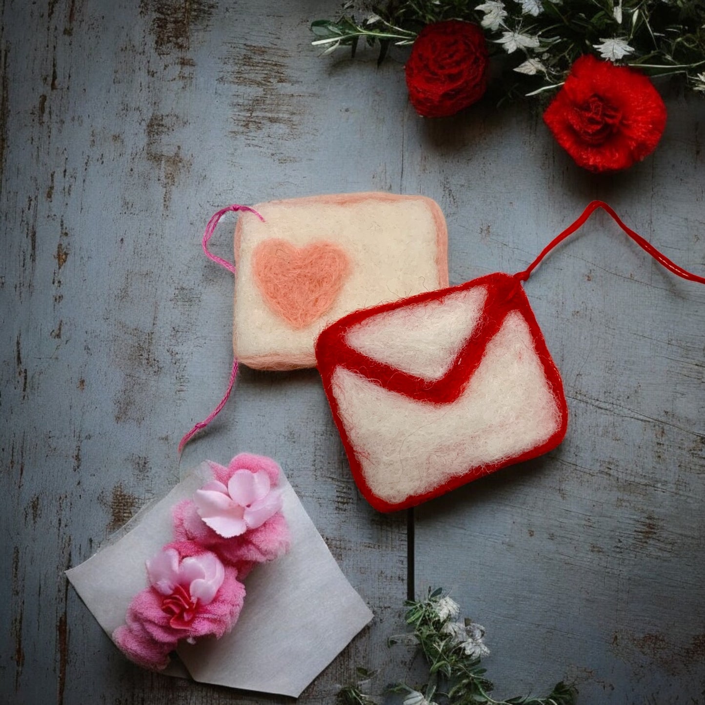 Needle Felted Valentine's Ornament, Wool Heart Envelope Charm