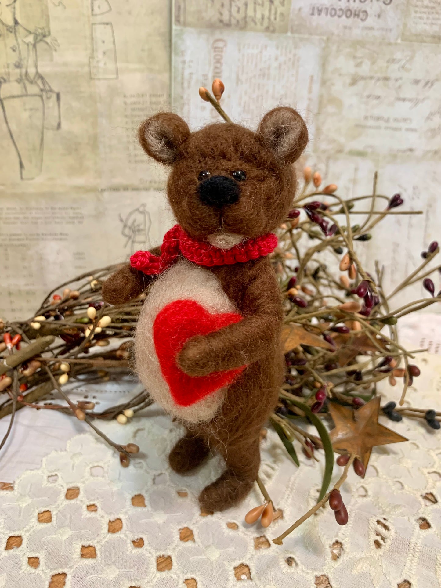 Needle Felted Bear: Handmade Wool Teddy with Heart Scarf