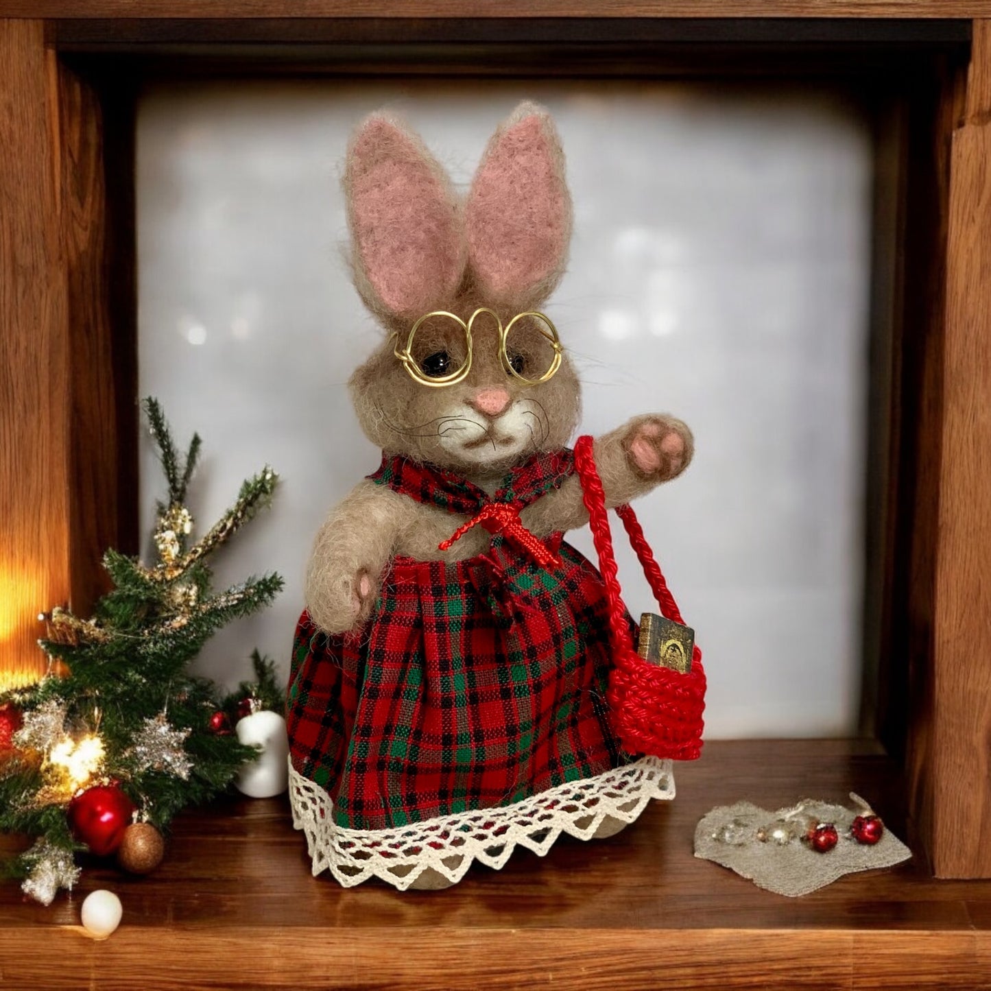 Needle-Felted Bunny the Christmas Rabbit– Handmade Natural Fiber Doll | Holiday Art Collectible