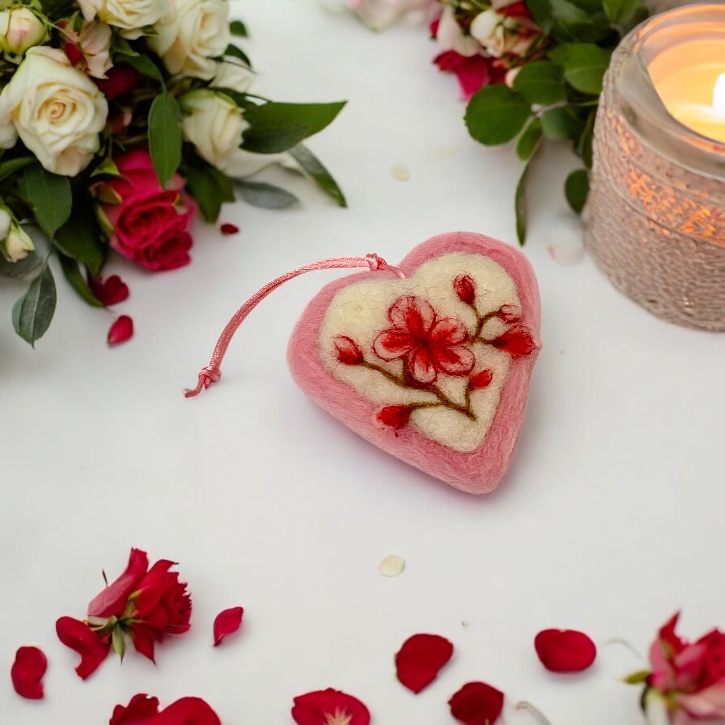 Needle-Felted Heart with Embroidered Cherry Blossom Flowers– Handmade Wool Valentine Decor