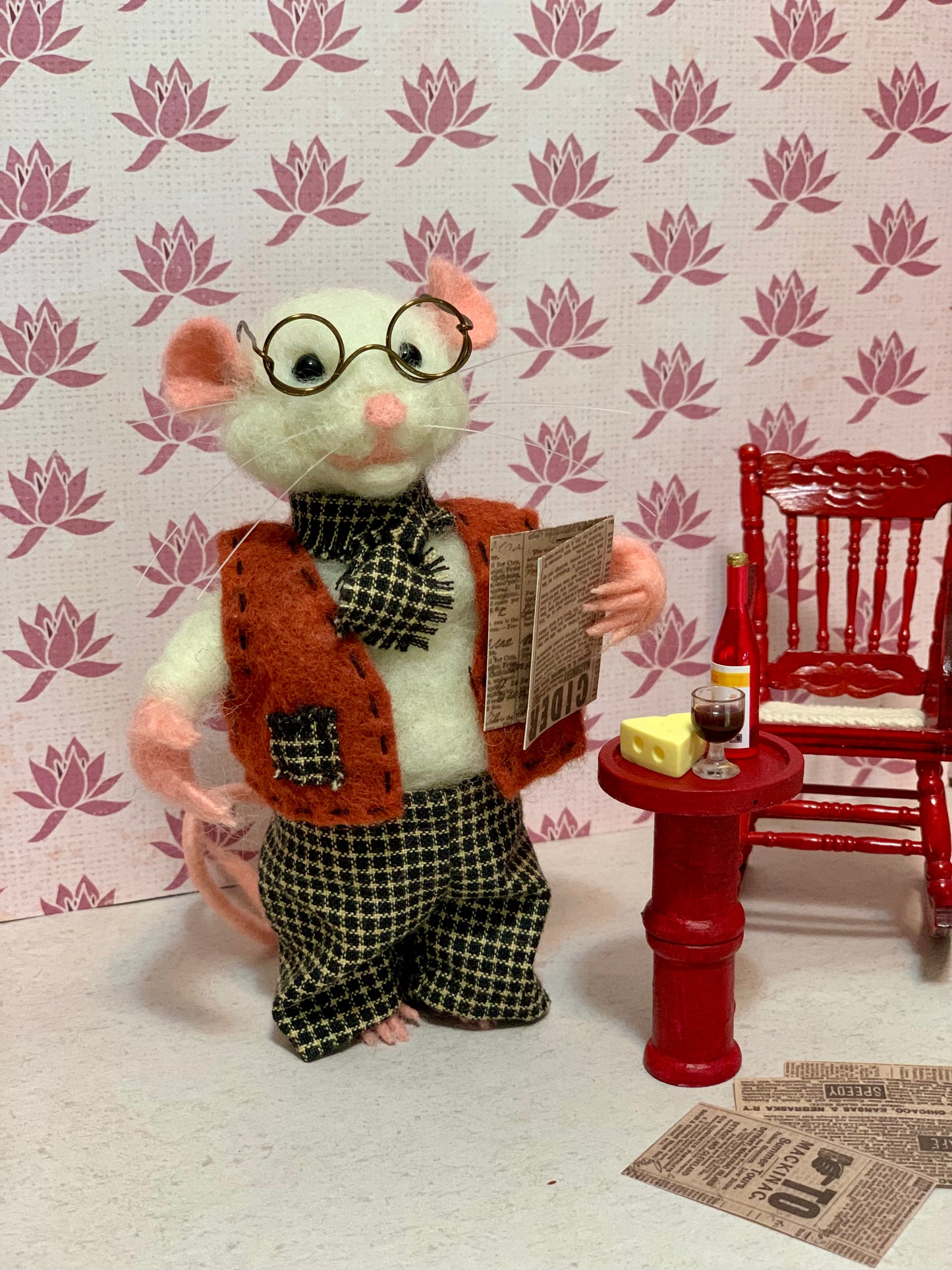 Needle Felted Mouse, Mr. Whiskers, with Glasses and Wine, Birthday present, Felt mouse, Eco Toy, OOAK Art Doll, made in USA, Grandpa Gift