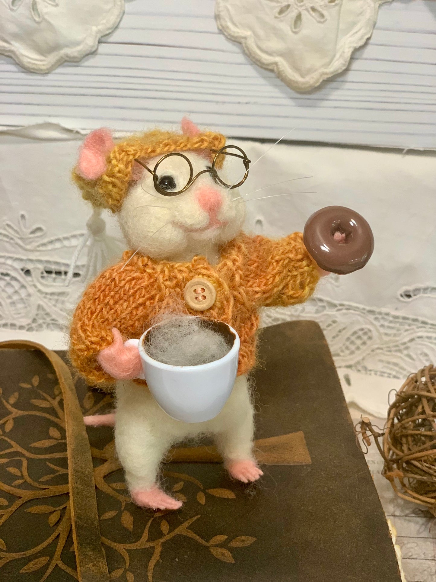 Maximilian Nibbleton the Coffee Mouse – OOAK Needle Felted White Mouse | Handmade Art Doll