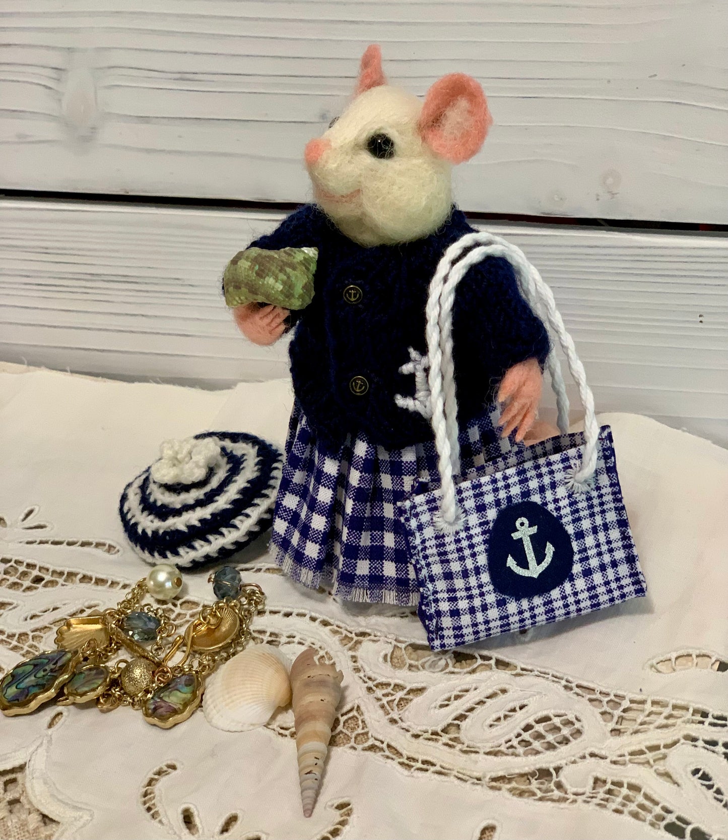 Lulu the Beach Mouse, Needle Felted Mouse, White Mouse, Dressed Mouse, Soft Sculpture, Marine Needle Felted Animal, Cute Felt, Eco Toy, Art Doll