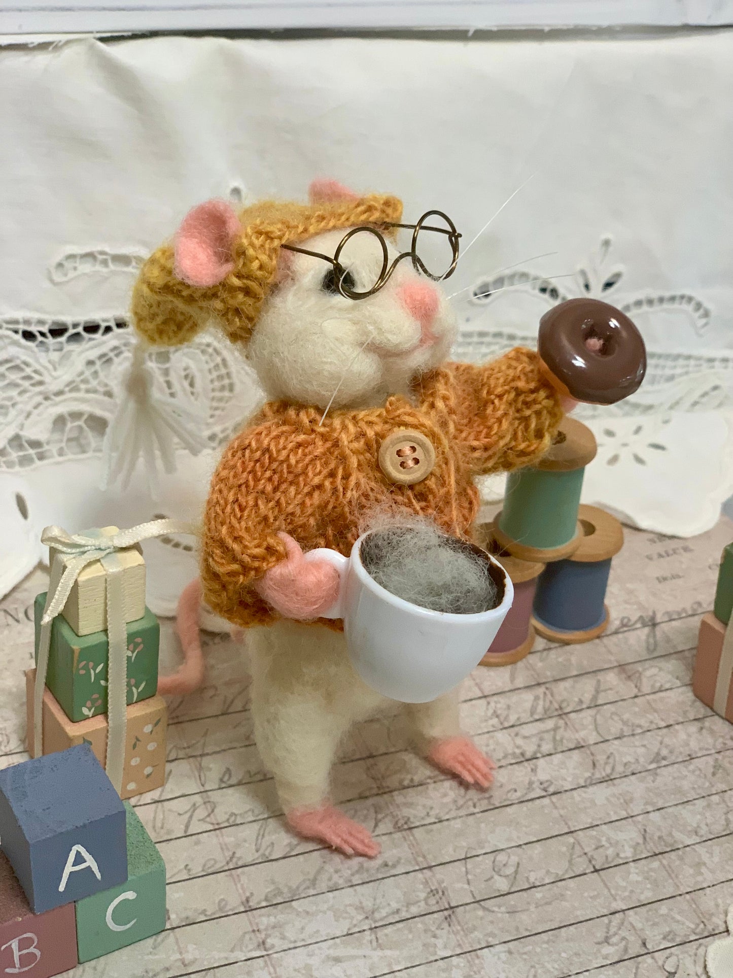 Maximilian Nibbleton the Coffee Mouse – OOAK Needle Felted White Mouse | Handmade Art Doll