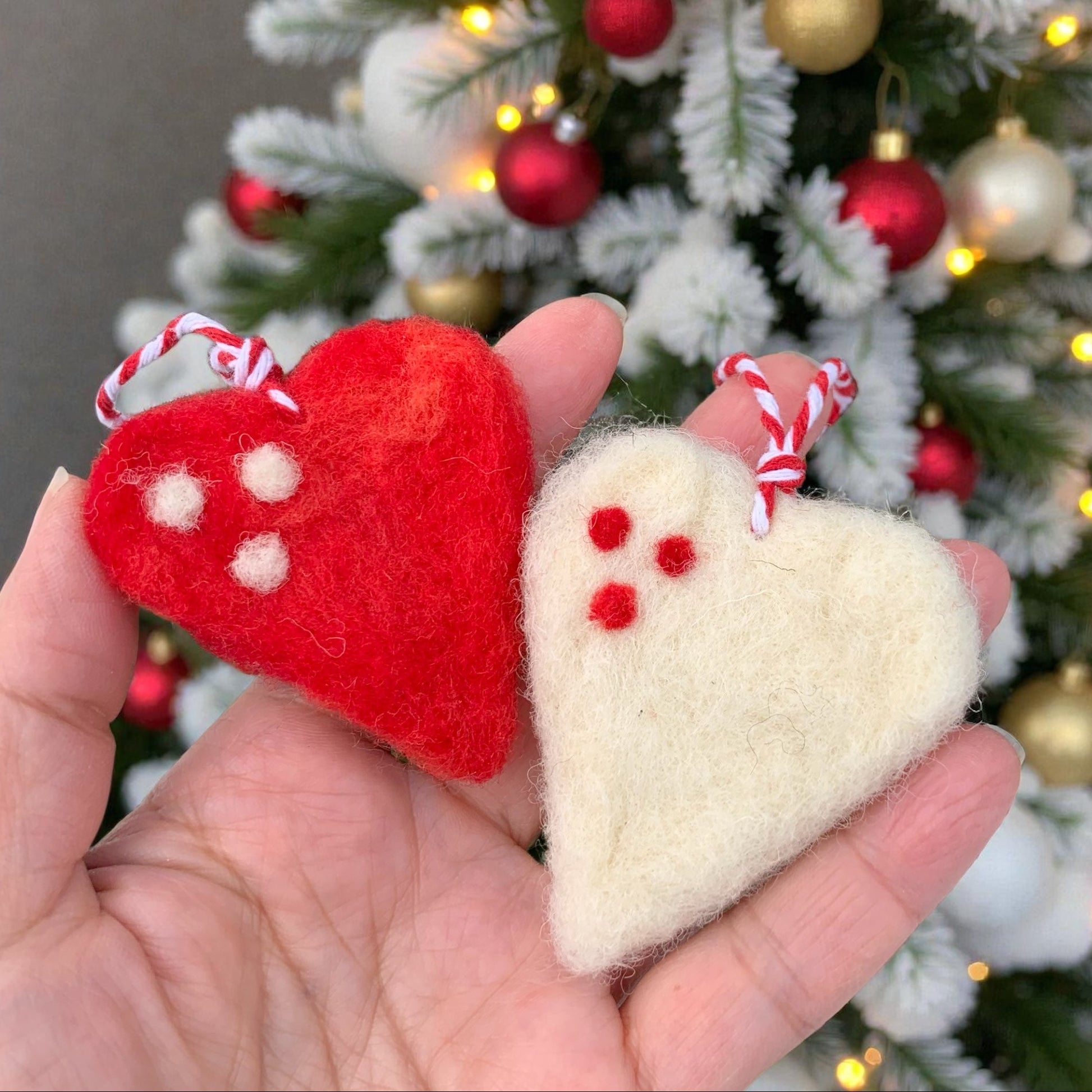 needle felted heart ornaments