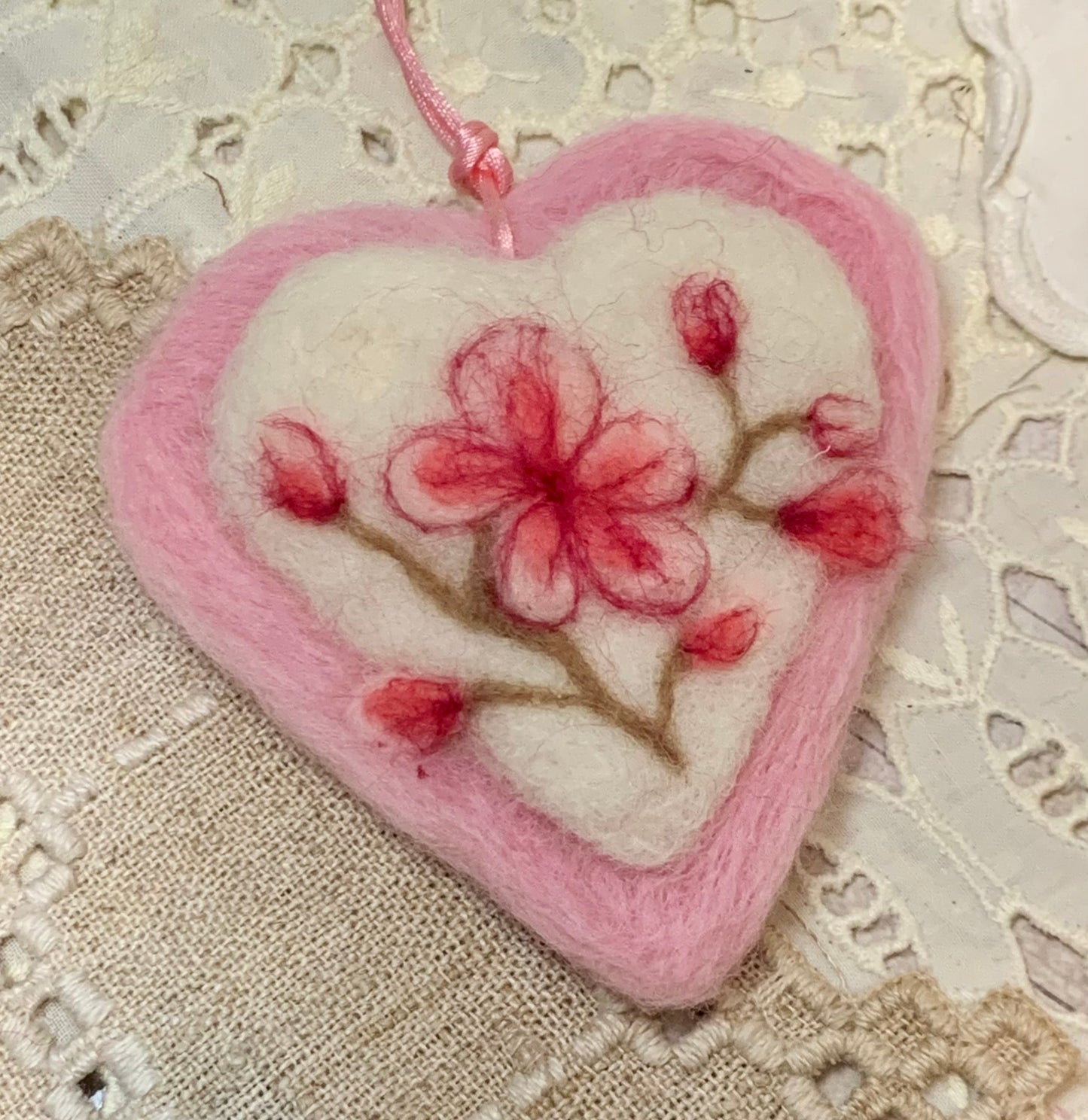 Needle-Felted Heart with Embroidered Cherry Blossom Flowers– Handmade Wool Valentine Decor