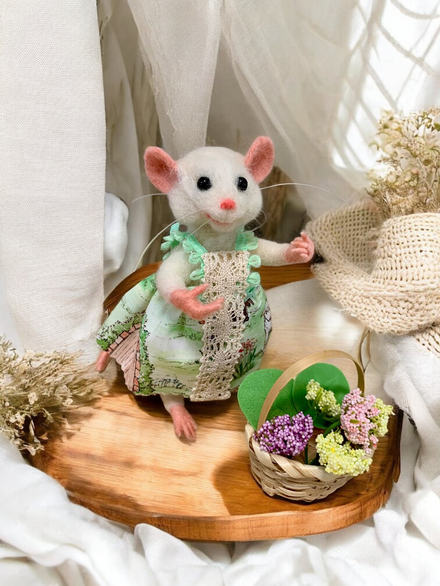 Needle Felted Mouse – Summer Garden Mouse Art Doll – Wool Collectible