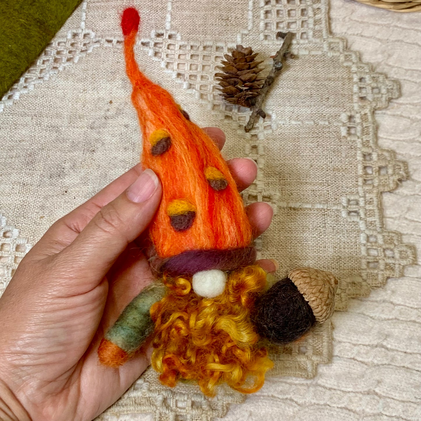 Needle Felt Gnome – Autumn Nordic Fall Decor – Large Wool Gonk – Handmade Woodland Gnome Waldorf Inspired Sculpture