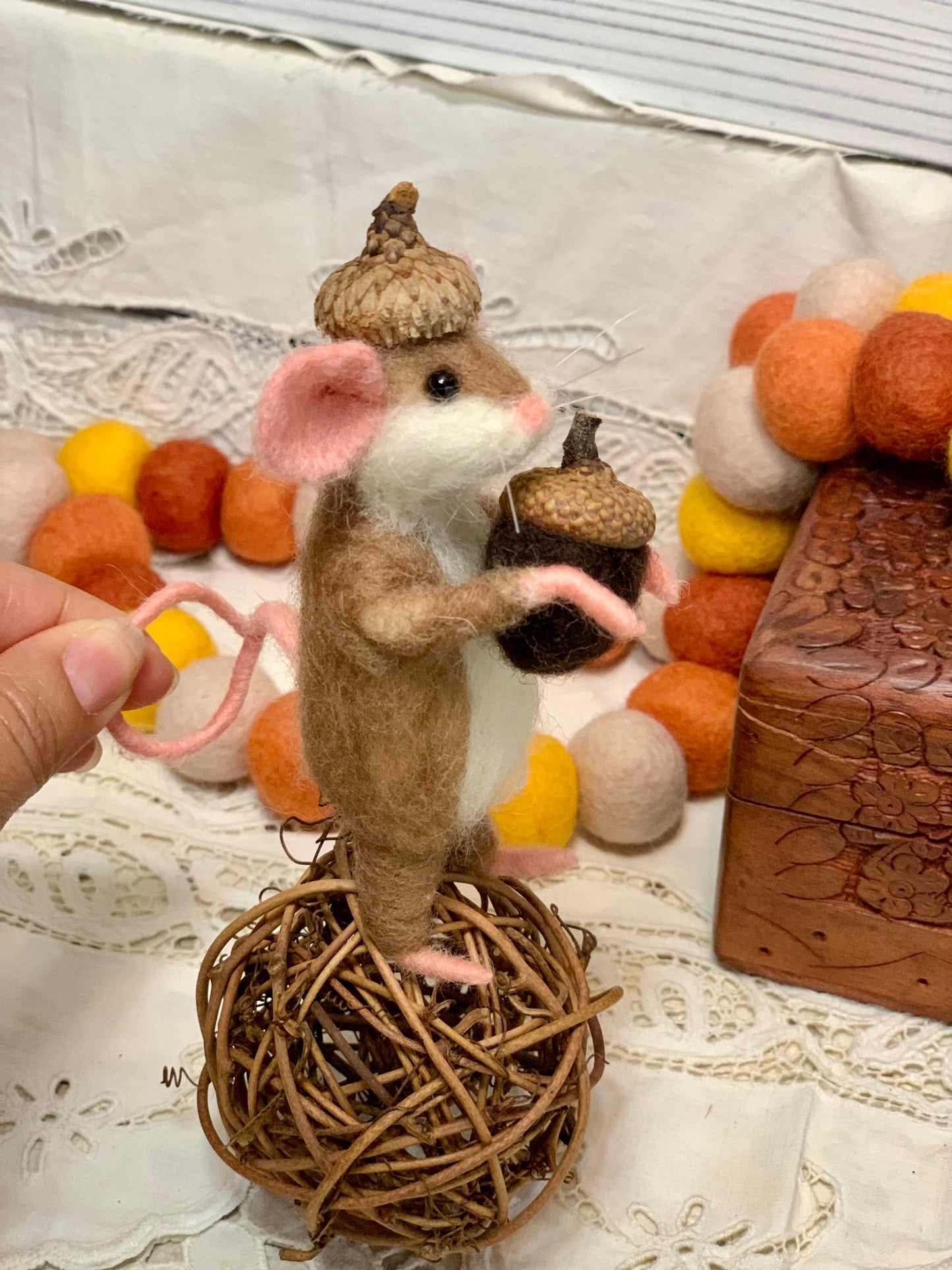 Needle-Felted Pip the Mouse with Acorn – Handmade Natural Fiber Art Doll | Whimsical Woodland Decor Collectible Dressed Figurine