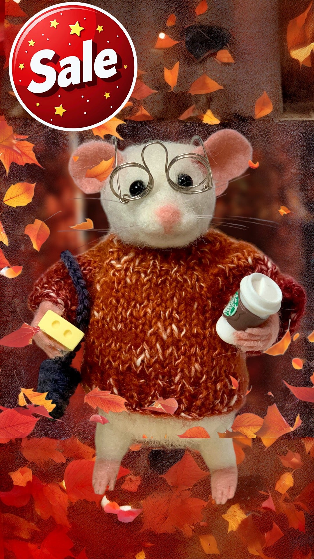 Pumpkin Needle-Felted Mouse – Handmade Autumn Decor, Cute Coffee Lover Mouse, Fall Gift, Wool Figurine for Mouse Collectors Stuffed Animal