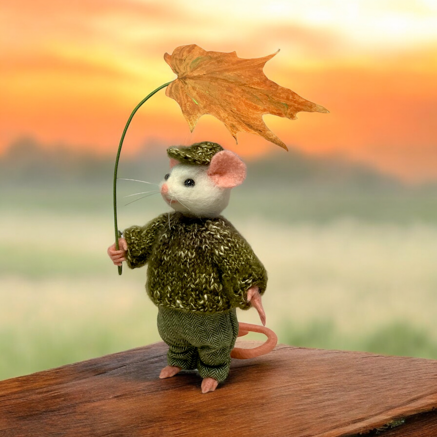 Needle-Felted Lucas the Mouse – Handmade Natural Fiber Art Doll | Whimsical Collectible with Autumn Leaf