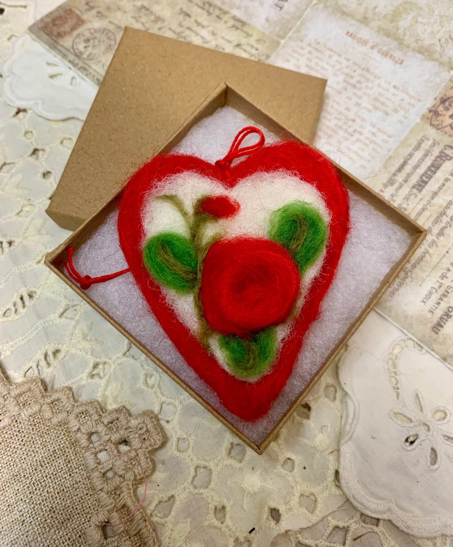 Needle-Felted Heart with Embroidered Red Rose Flower– Handmade Wool Valentine Decor