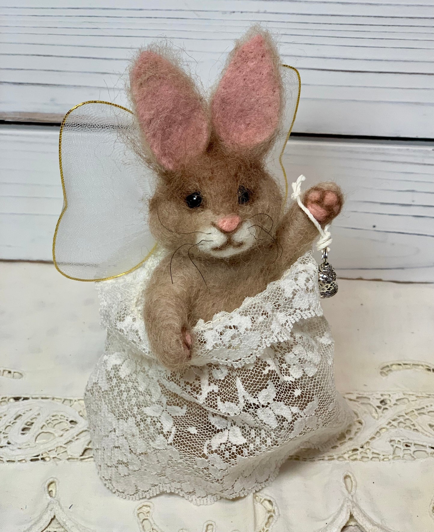 Needle-Felted Bunny the Christmas Rabbit– Handmade Natural Fiber Angel Doll | Holiday Art Collectible