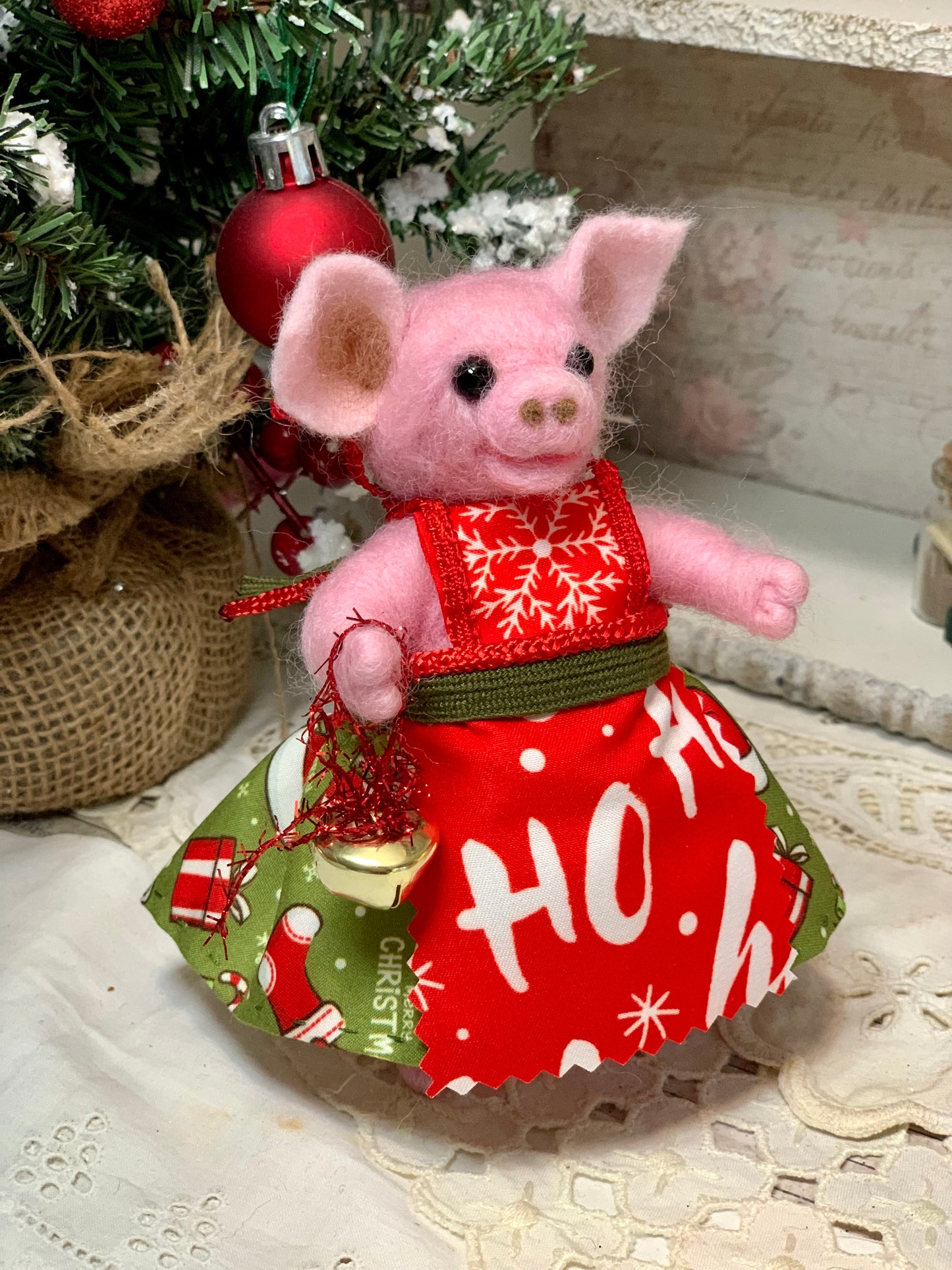 Needle Felted Christmas Pig Girl in Festive Outfit | Handmade Wool Toy | Cute Piggy Doll | Holiday Gift | Nursery Decor | OOAK Handmade Holiday Gift