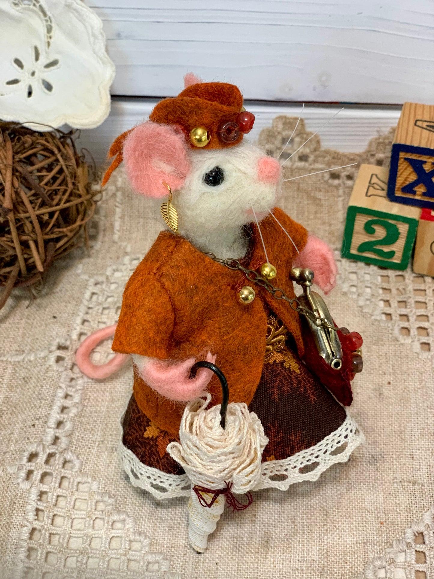 Autumn the Mouse – OOAK Needle Felted Natural Fiber Doll | Handmade Art Doll