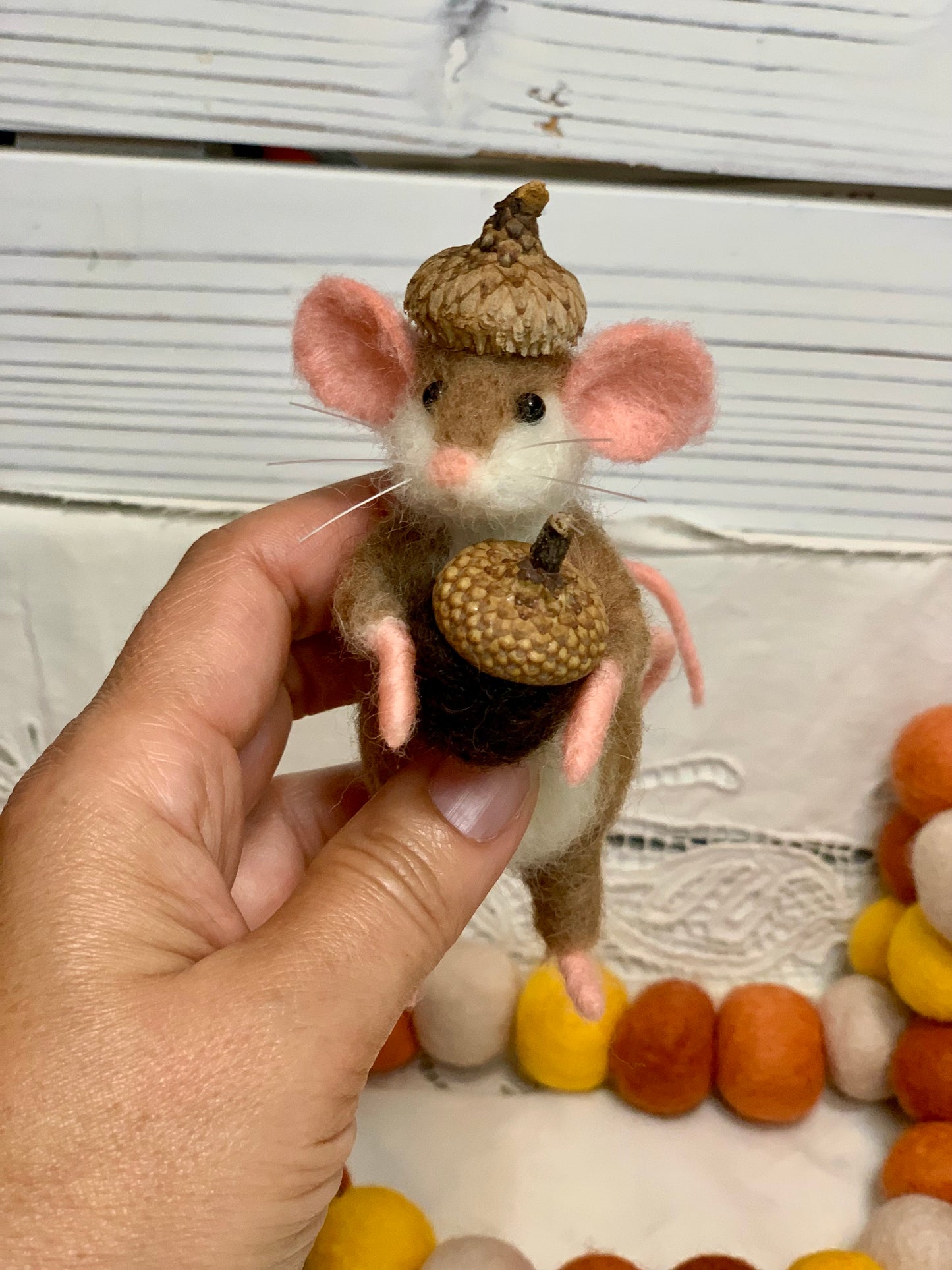 Needle-Felted Pip the Mouse with Acorn – Handmade Natural Fiber Art Doll | Whimsical Woodland Decor Collectible Dressed Figurine