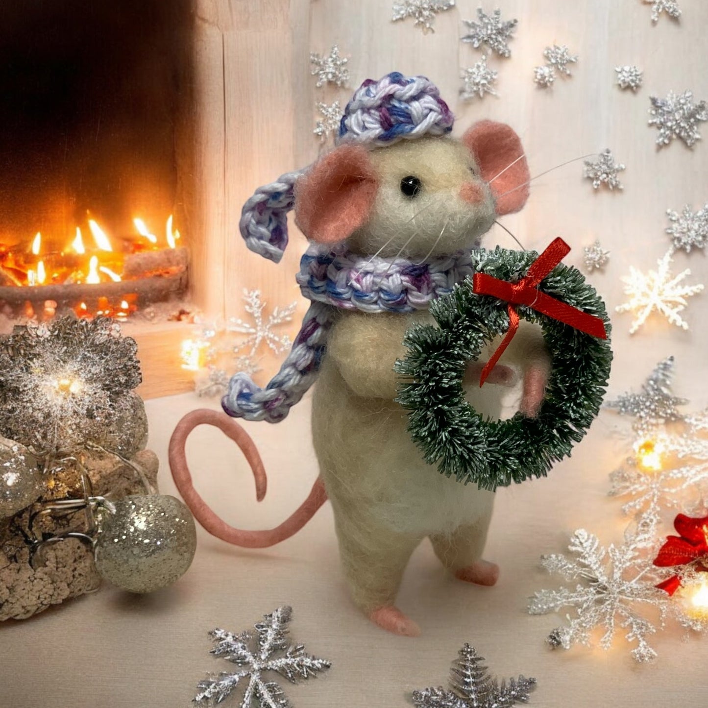 Christmas Mouse Pip - Handmade Needle-Felted Waldorf-Inspired Toy with Winter Wreath, Festive Decoration or Collectible Gift