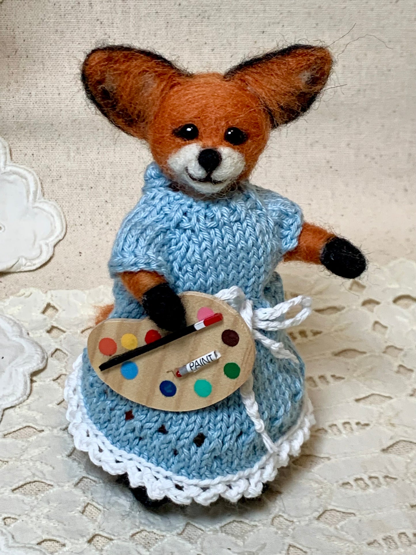 Needle Felted Fox Artist – Tessa in Blue Knit Dress | Handmade Wool Animal Figurine | Miniature Woodland Art Doll | Fox Gift
