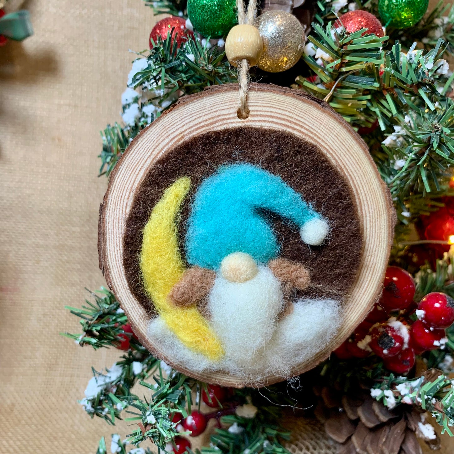 Handmade Christmas Gnome Wool Ornament, Felt Holiday Decor– Nordic Tomte – Rustic Wood Slice Holiday Gift