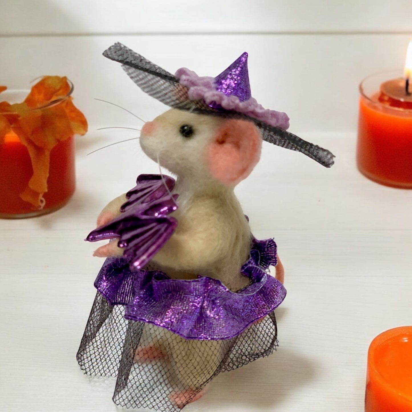 Needle-Felted Pippa the Witch Mouse – Handmade Natural Fiber Art Doll | Whimsical Woodland Decor Collectible Dressed Figurine