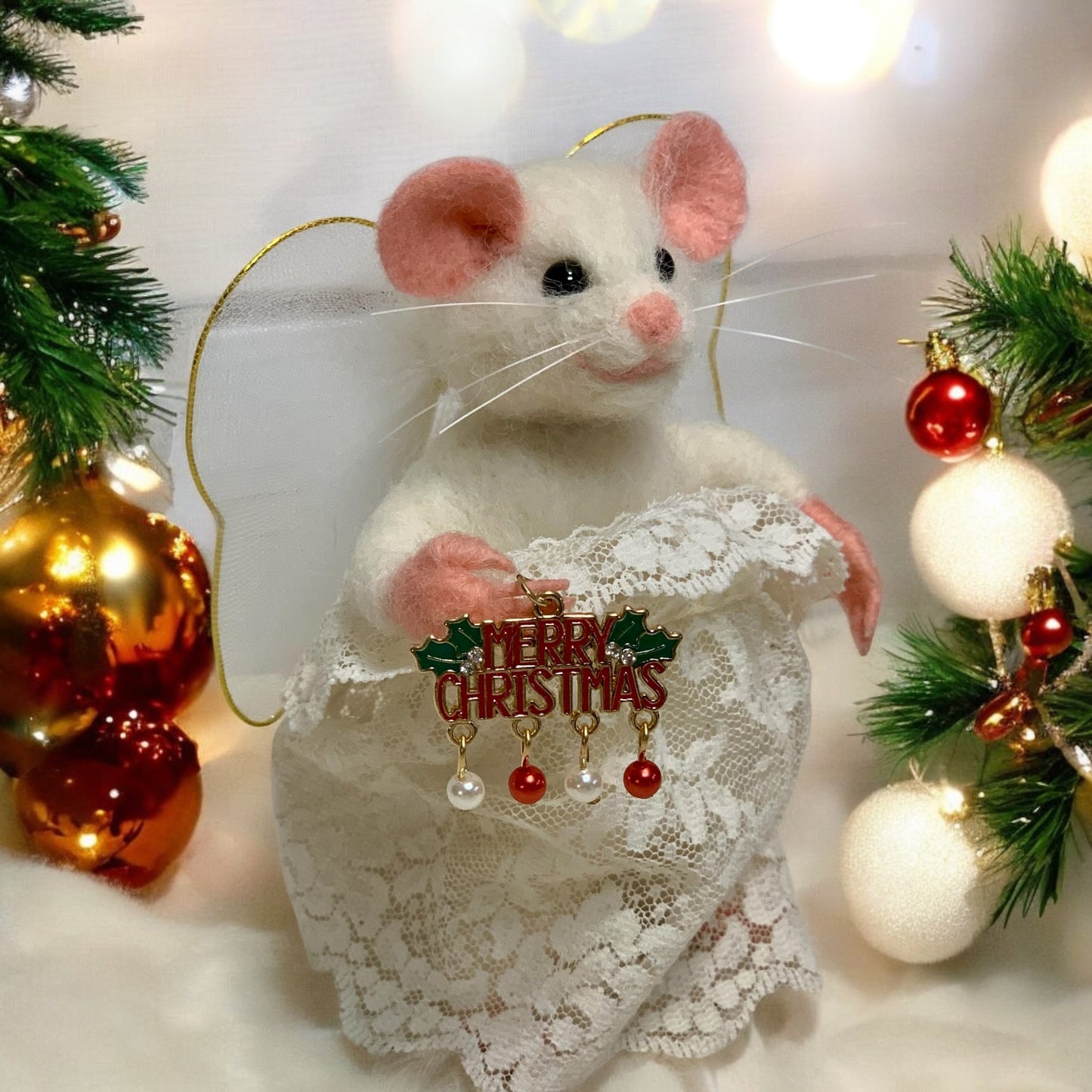 Needle-Felted Angelina the Christmas Mouse – Handmade Natural Fiber Angel Doll | Holiday Art Collectible