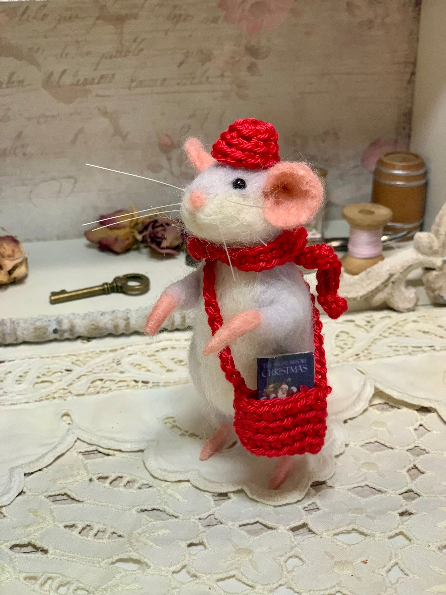 Needle-Felted Mouse with Book – Handmade Natural Fiber Art Doll | Whimsical Woodland Decor Collectible Dressed Figurine