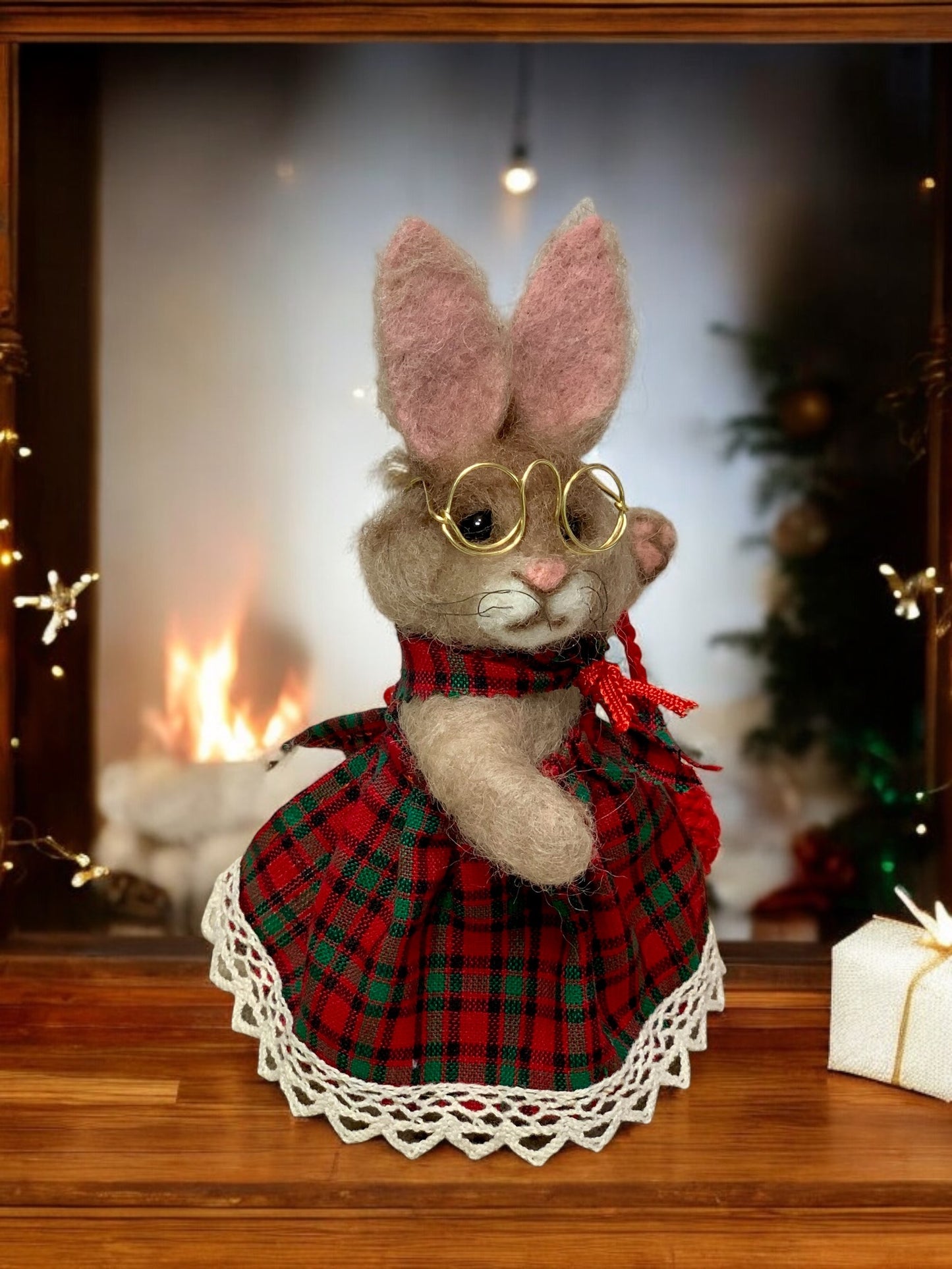 Needle-Felted Bunny the Christmas Rabbit– Handmade Natural Fiber Doll | Holiday Art Collectible