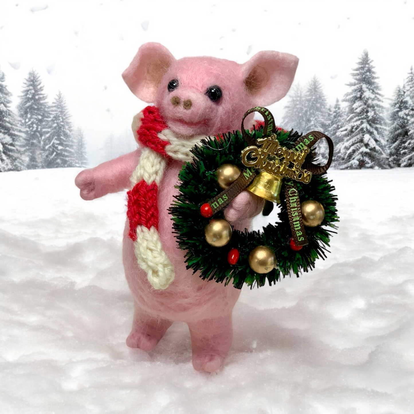 Needle Felted Pig | Handmade Wool Piggy Toy | Cute Farm Animal Figurine | Pig Lovers Gift | Rustic Home Decor Christmas Ornament with Wreath