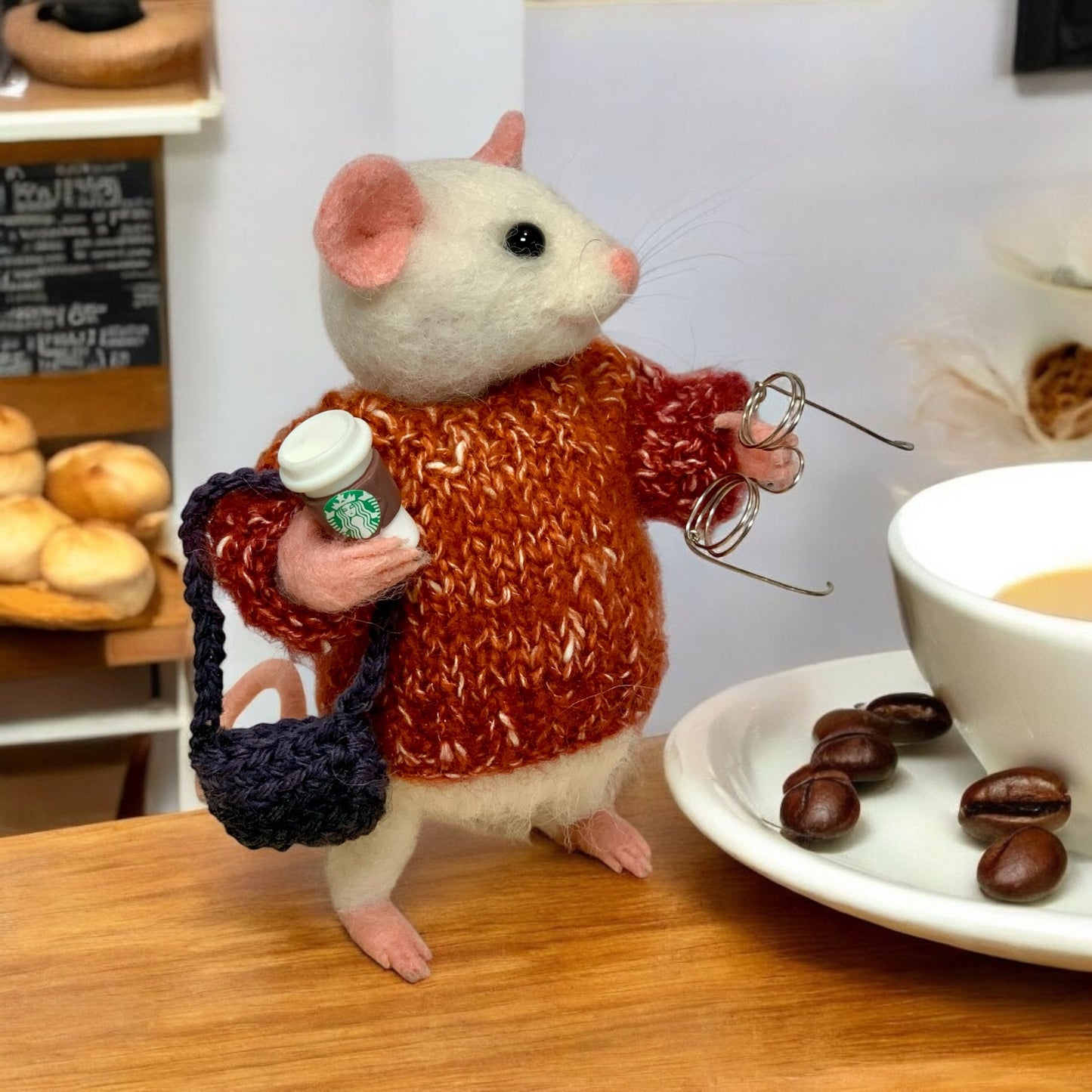 Pumpkin Needle-Felted Mouse – Handmade Autumn Decor, Cute Coffee Lover Mouse, Fall Gift, Wool Figurine for Mouse Collectors Stuffed Animal