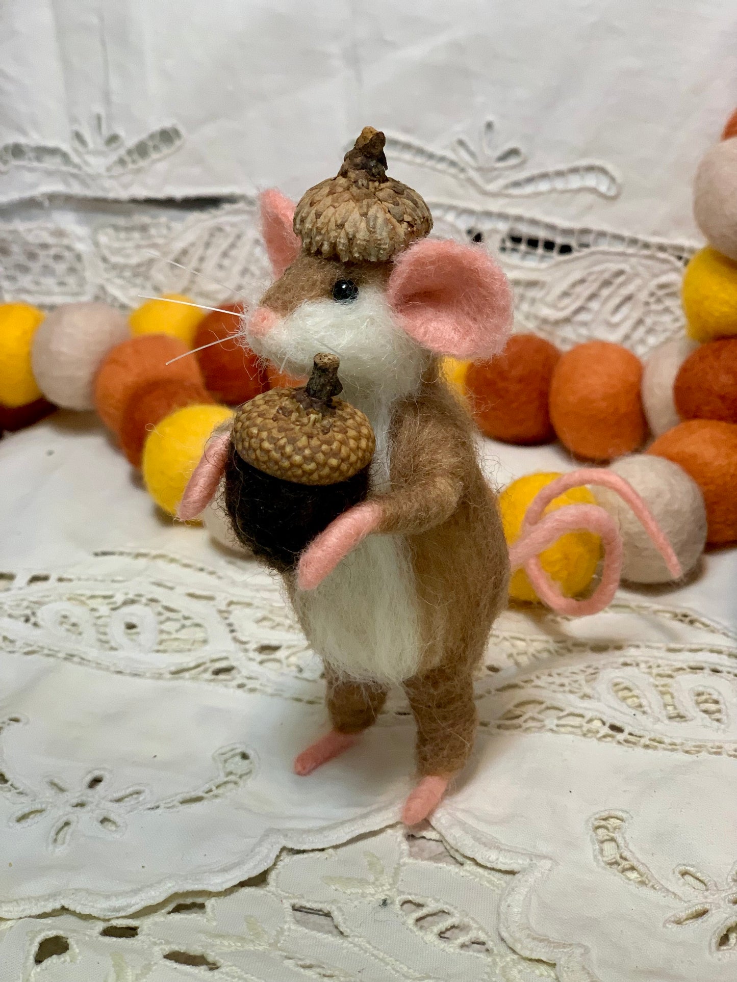 Needle-Felted Pip the Mouse with Acorn – Handmade Natural Fiber Art Doll | Whimsical Woodland Decor Collectible Dressed Figurine