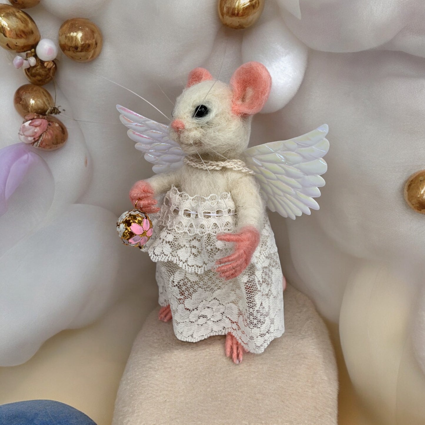 Handcrafted felted mouse angel toy by Fox Hollow Friends – woodland creature gift party